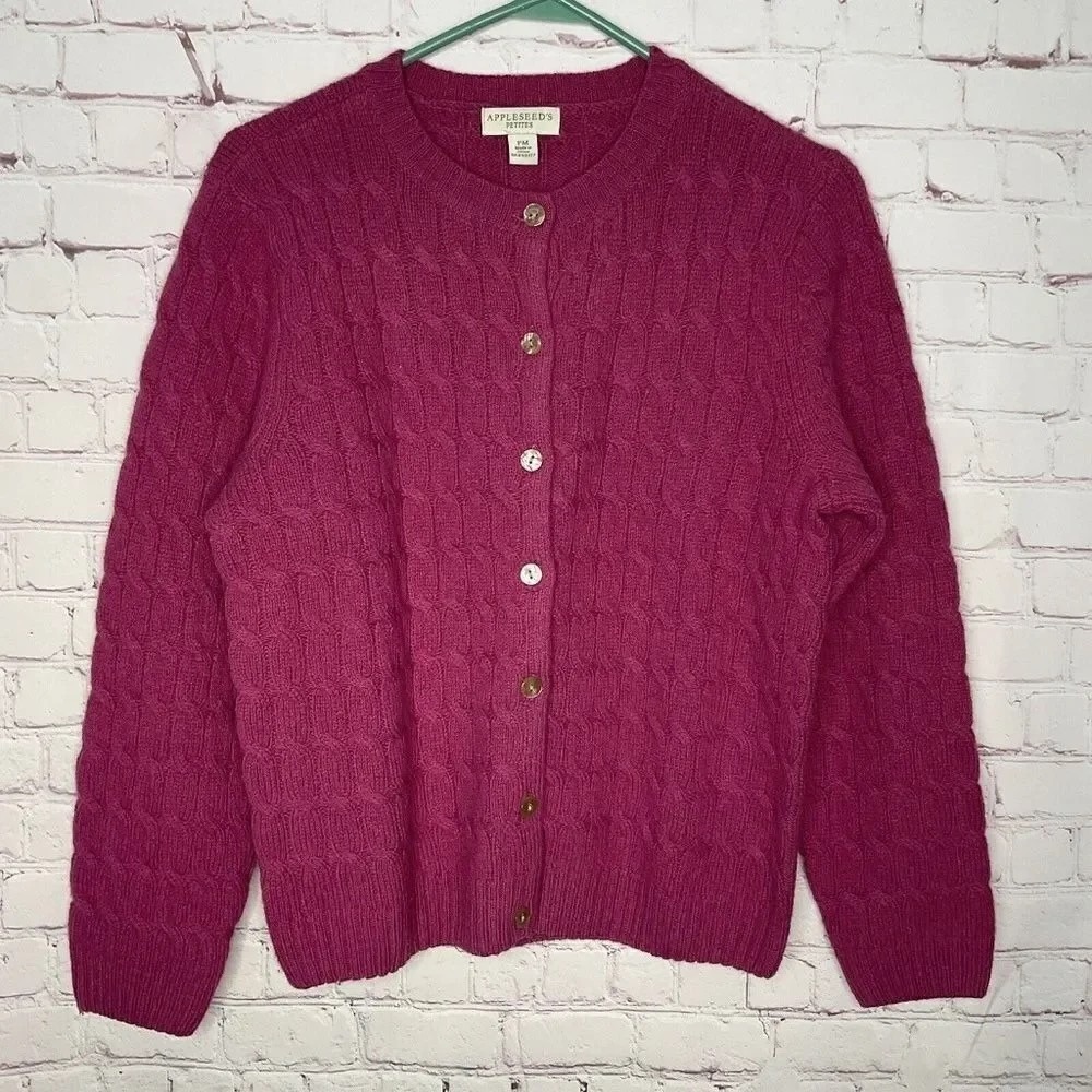 Appleseed's Raspberry‎ Cable Knit Button Front Cardigan Women PM China 100% Wool